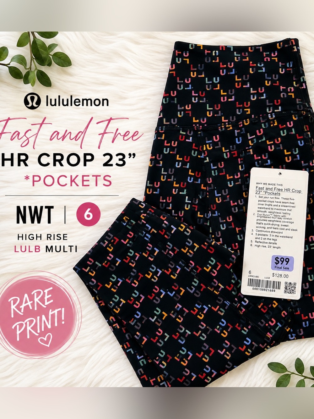 RARE NWT Lululemon Fast & Free HR Crop 23” LULB Multi Size 6